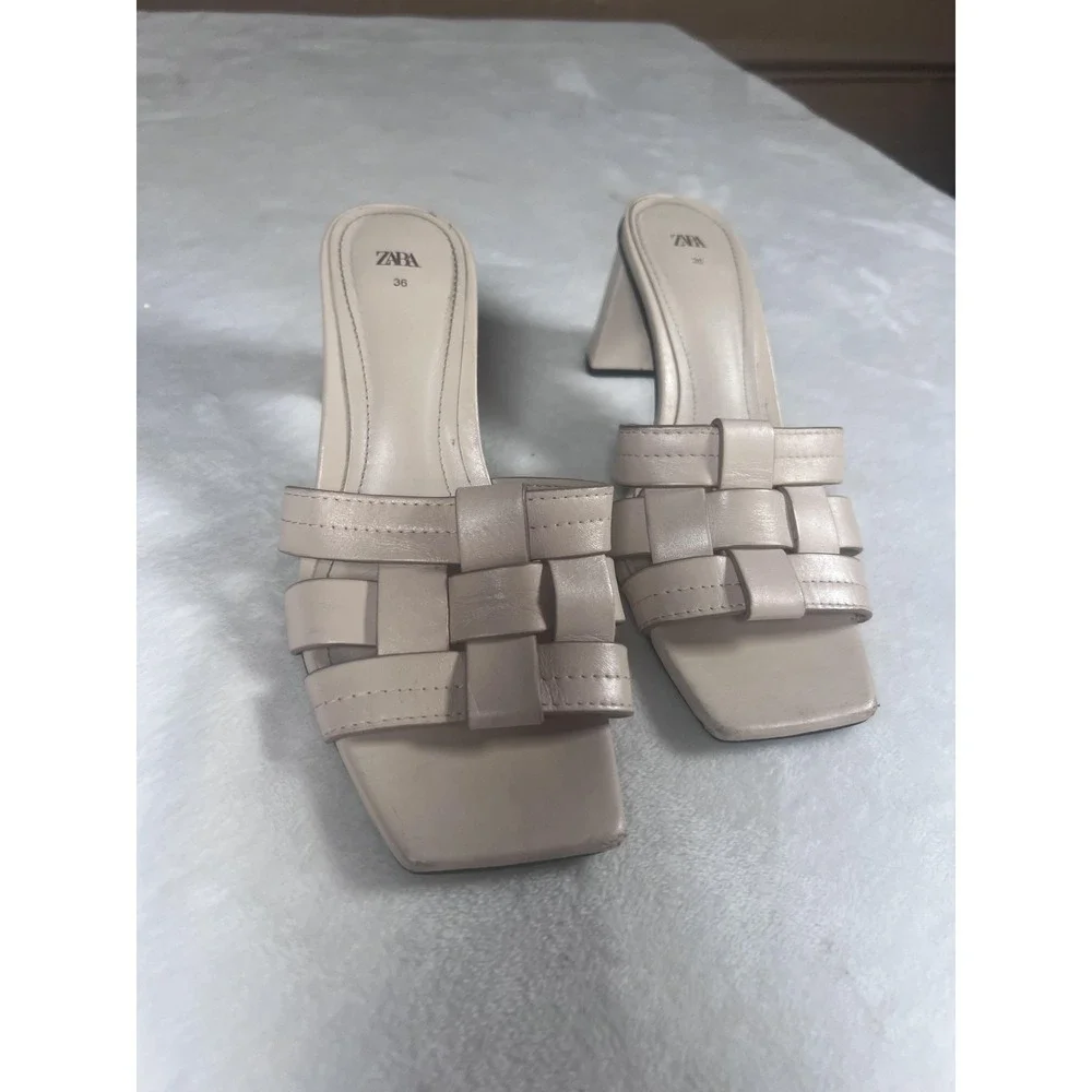 Zara Sandals Womens Size 6 Beige Woven Slide Block Heel Square‎ Toe Dress Shoes